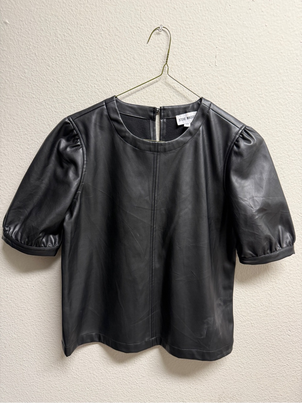 Steve Madden Black Faux Leather Puff-Sleeve Top